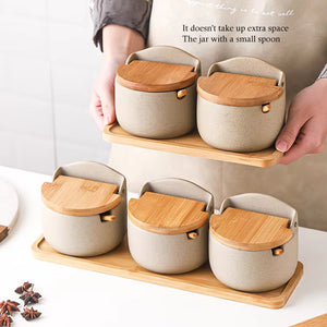 Style Kitchen Accessories Ceramic Spice Jar Salt And Pepper Container With Bamboo Wood Lid And Spoon