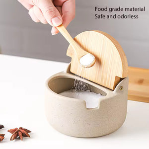 Style Kitchen Accessories Ceramic Spice Jar Salt And Pepper Container With Bamboo Wood Lid And Spoon